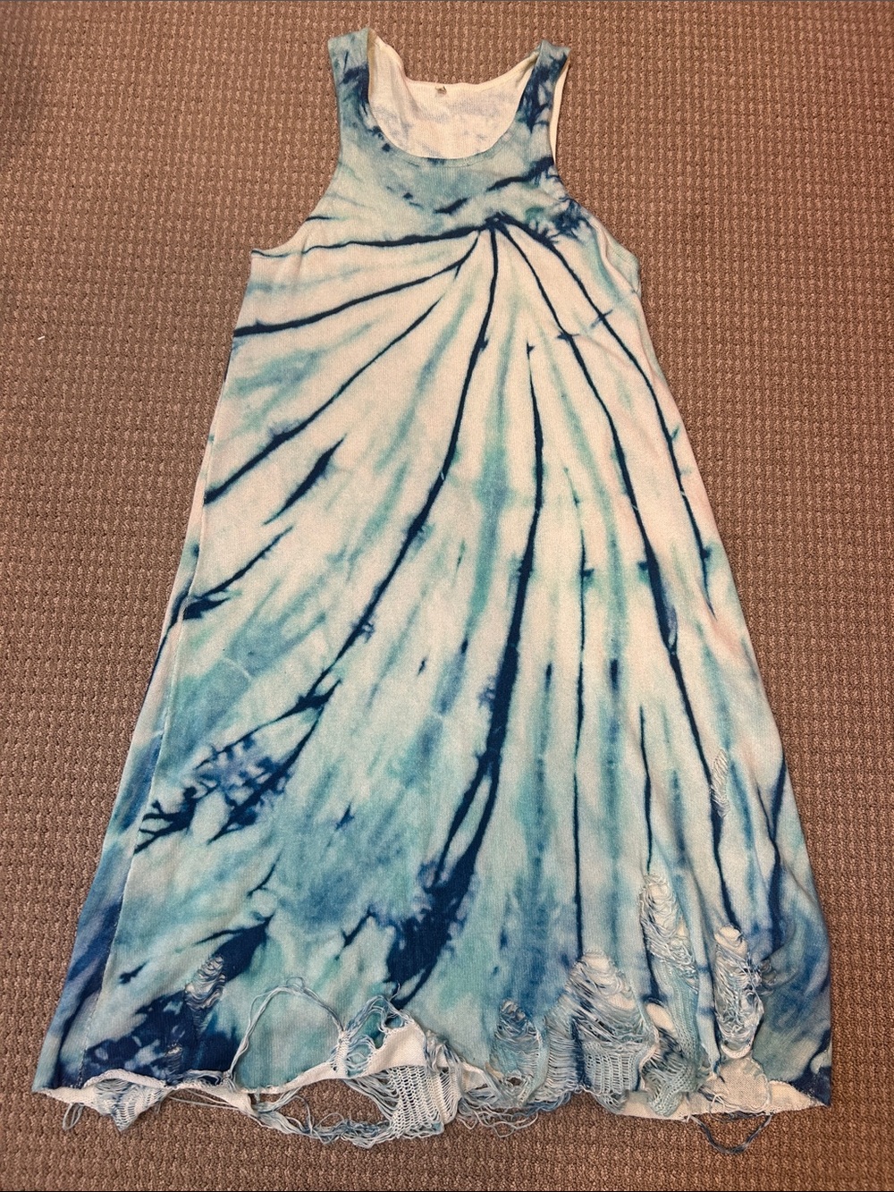 R13 Blue Tie-Dye Maxi Dress with Distressed Hem
